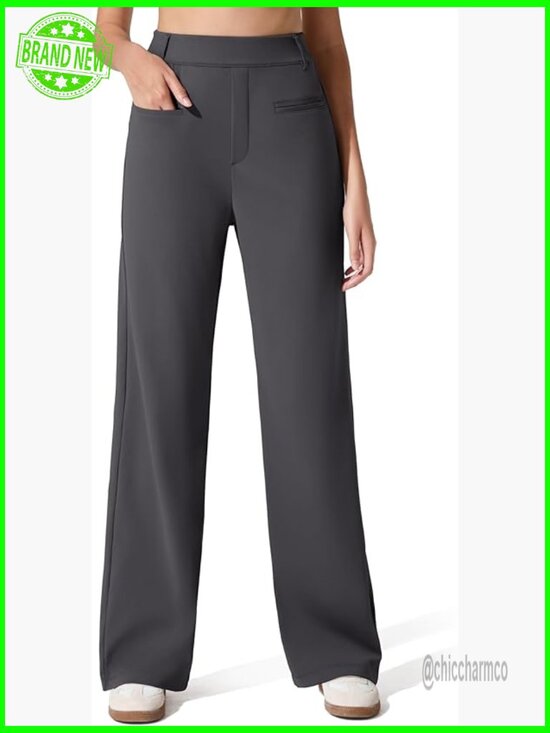 Pants - Straight Leg Work Pants with Pockets, High Rise, Stretch Fabric